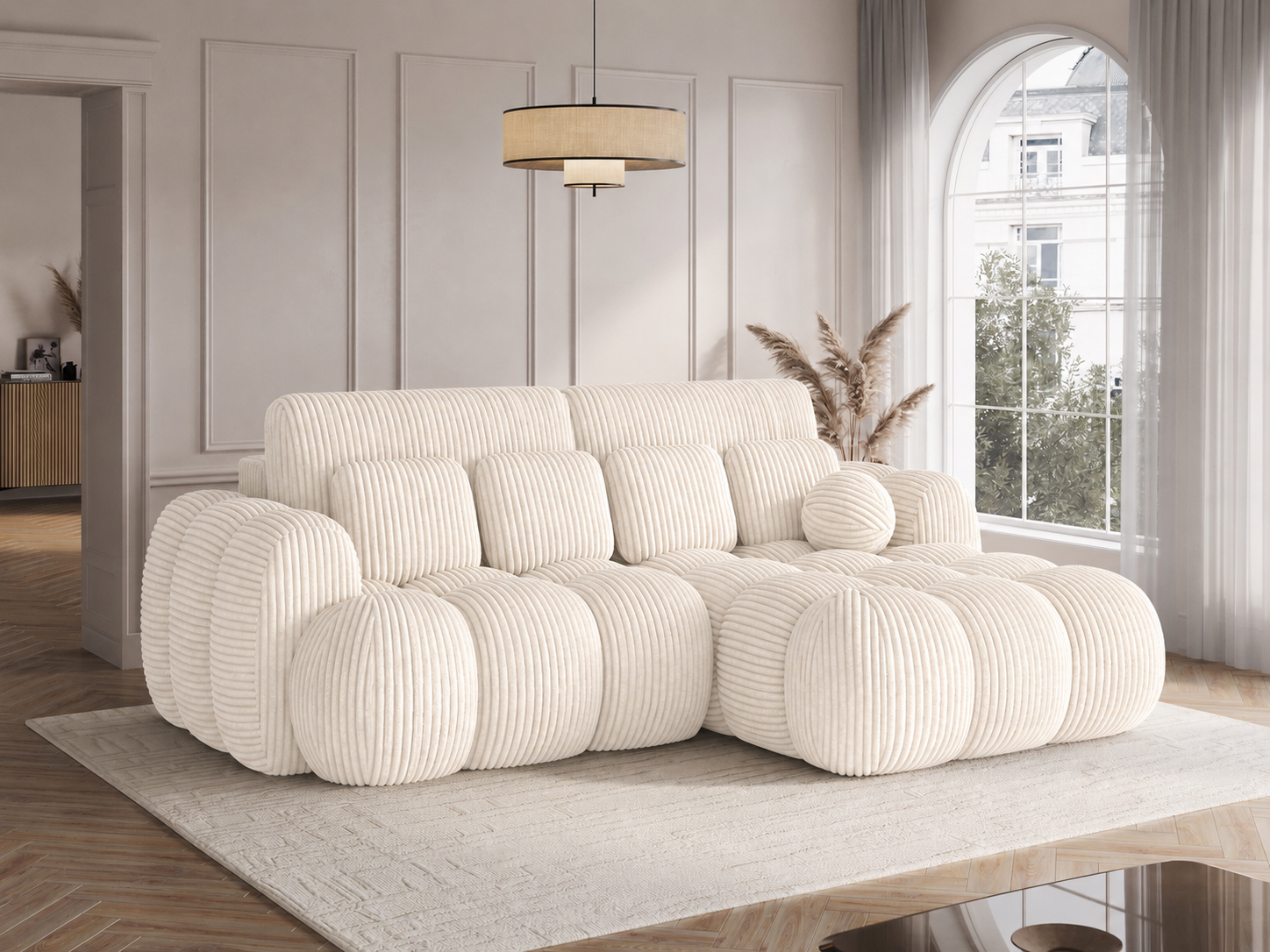 Détail tissu velours côtelé beige du canapé Saint-Germain – matière épaisse et douce
