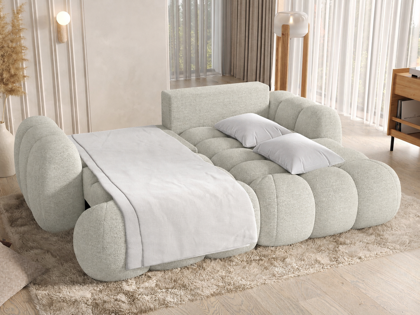 Canapé Saint-Germain avec coffre de rangement ouvert – tissu boucle beige