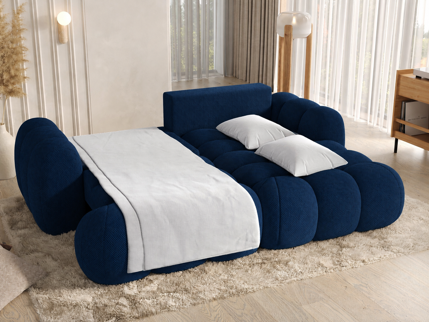 Canapé Saint-Germain angle – profil méridienne, tissu texturé 3D bleu