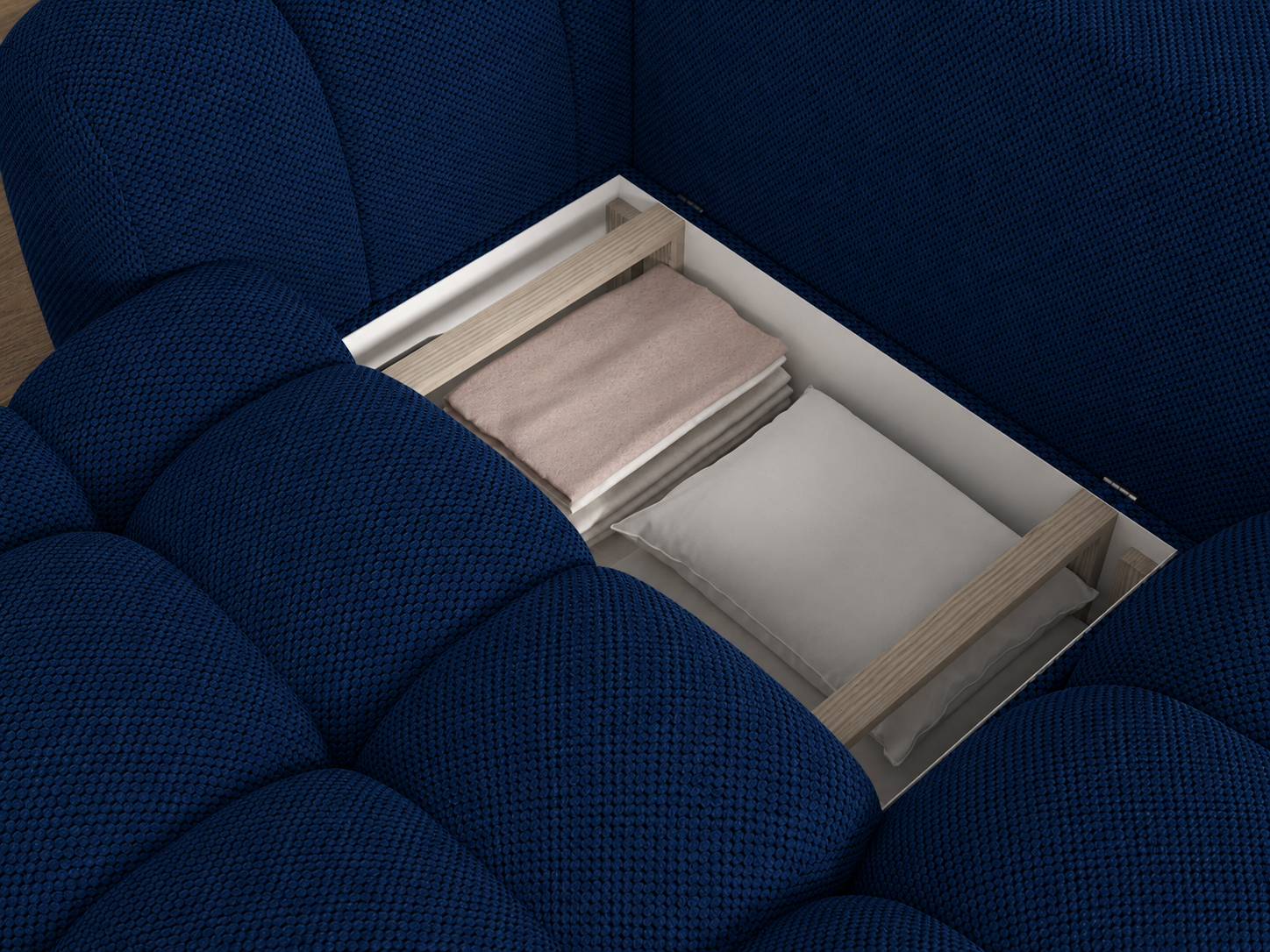 Canapé d'angle Saint-Germain – grande méridienne, tissu texturé 3D bleu