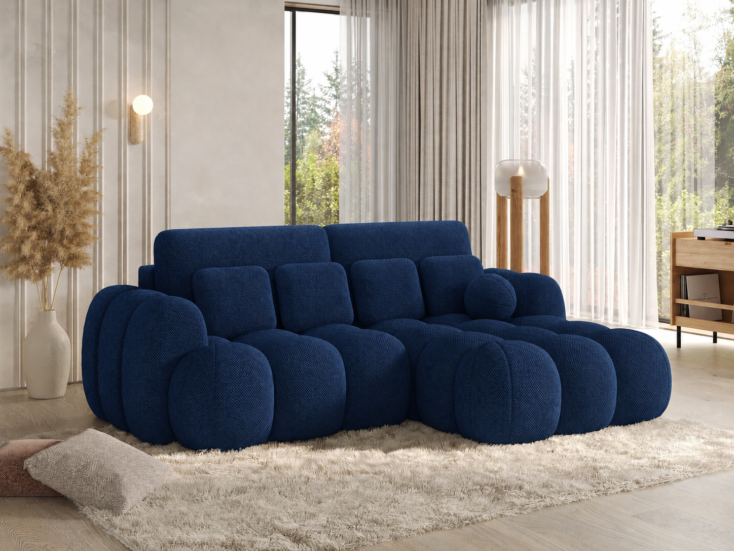 Canapé Saint-Germain – dossier et coussins, tissu texturé 3D bleu