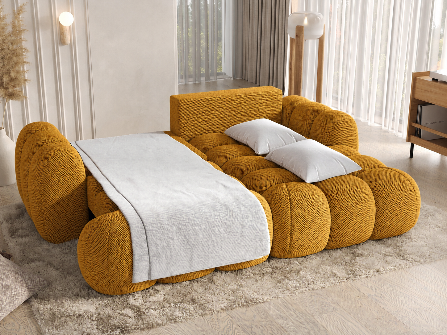 Canapé d'angle convertible Saint-Germain 4 places – photo principale, tissu texturé 3D moutarde