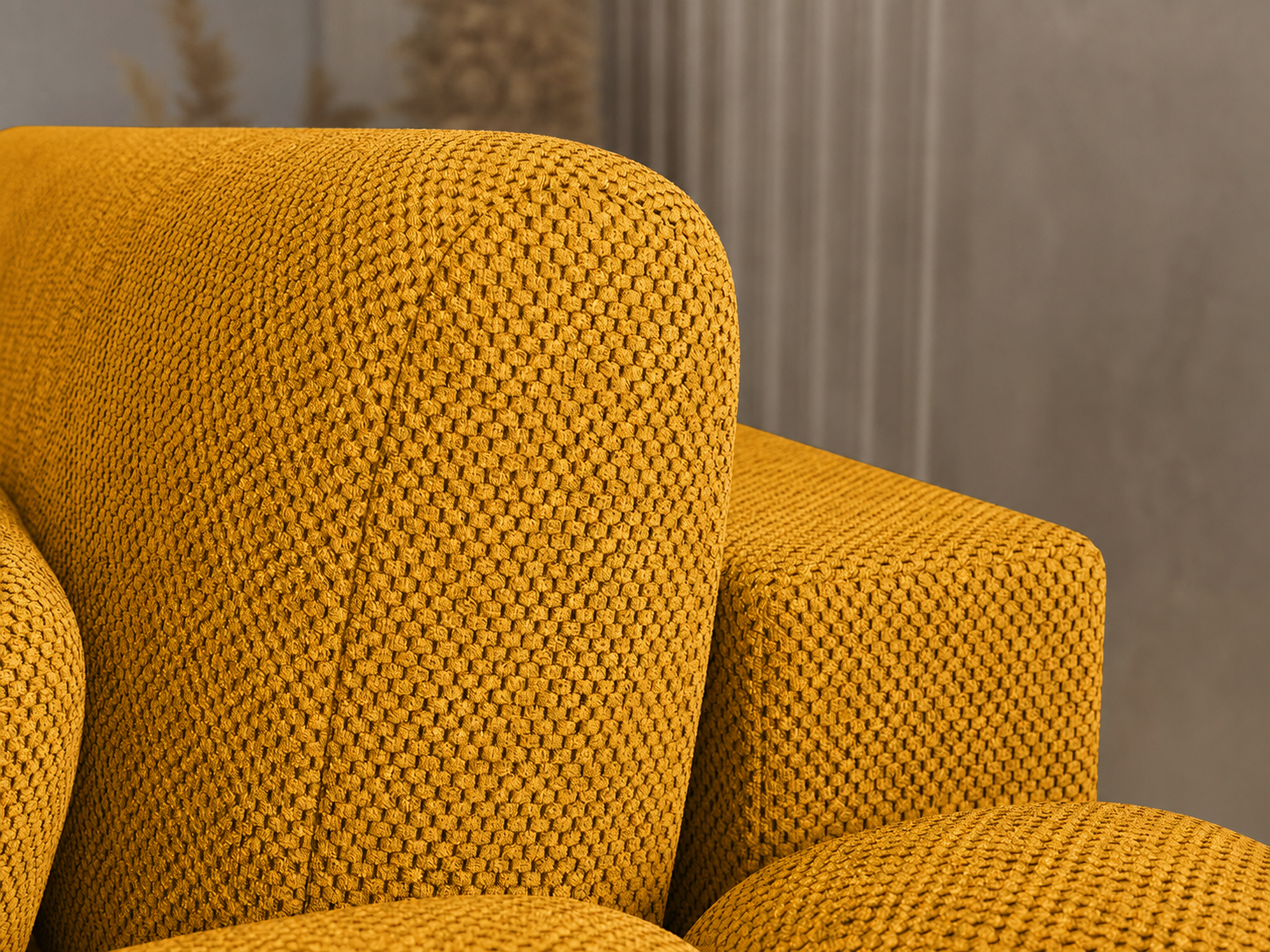 Canapé Saint-Germain angle – profil méridienne, tissu texturé 3D moutarde