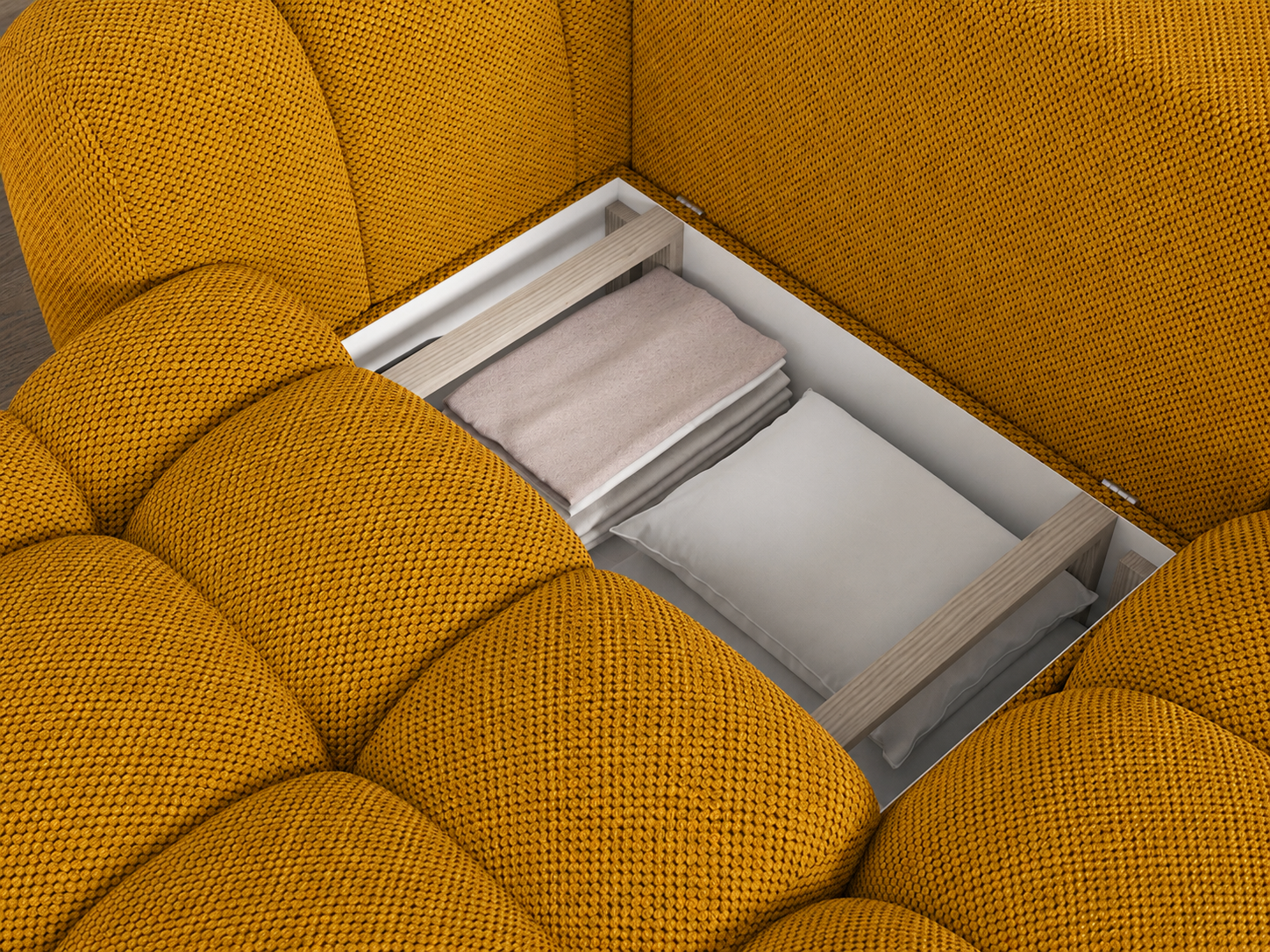Canapé d'angle convertible Saint-Germain 4 places – vue d'angle, tissu texturé 3D moutarde