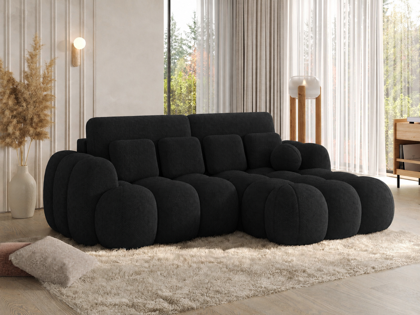 Canapé d'angle convertible Saint-Germain 4 places – vue d'angle, tissu texturé 3D noir