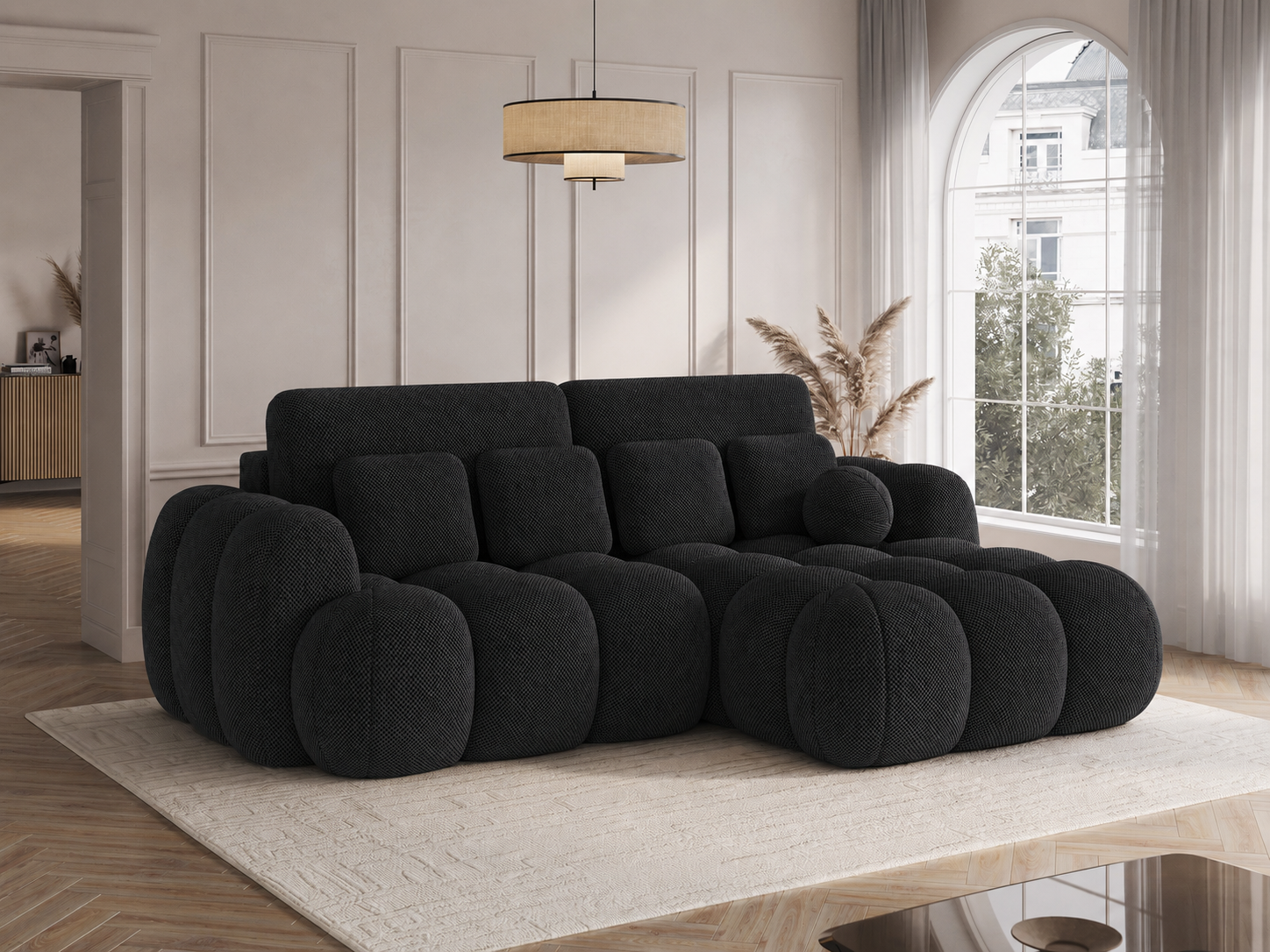 Canapé d'angle Saint-Germain – grande méridienne, tissu texturé 3D noir