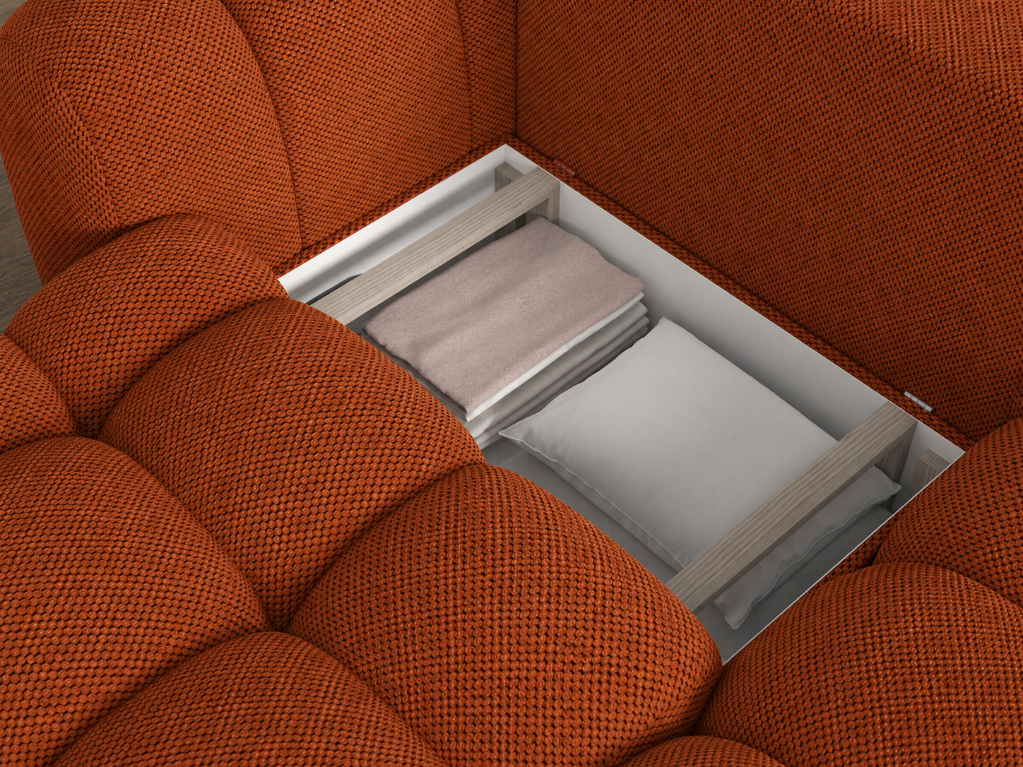 Canapé Saint-Germain avec coffre de rangement ouvert – tissu texturé 3D terracotta