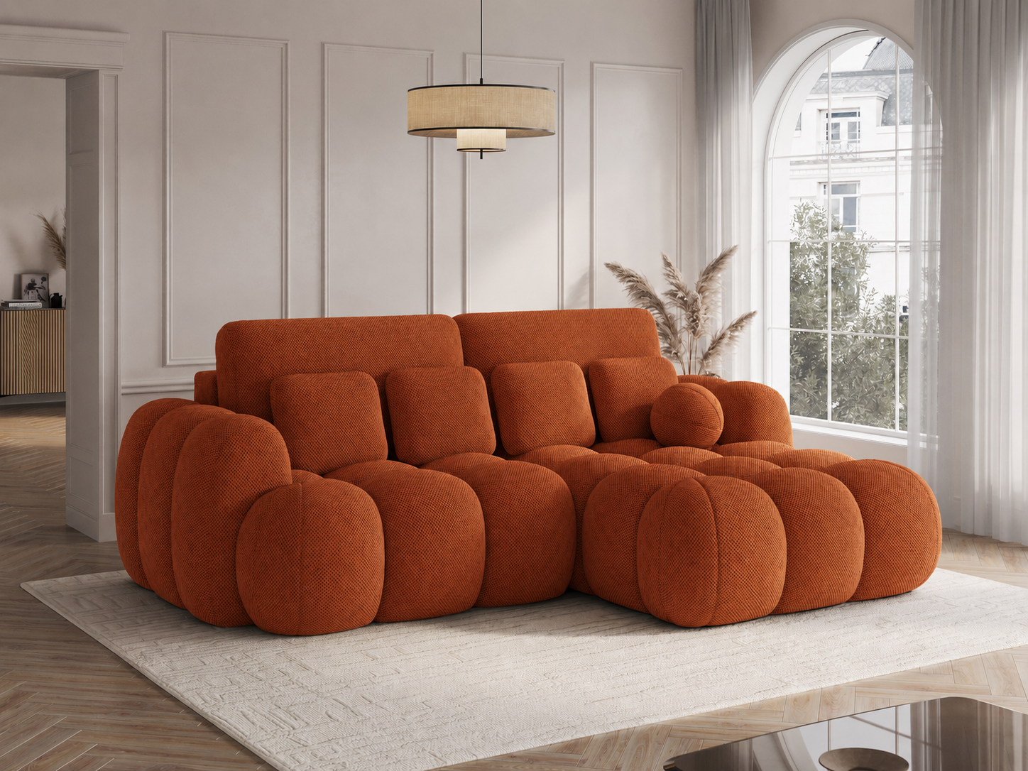 Canapé Saint-Germain angle – profil méridienne, tissu texturé 3D terracotta