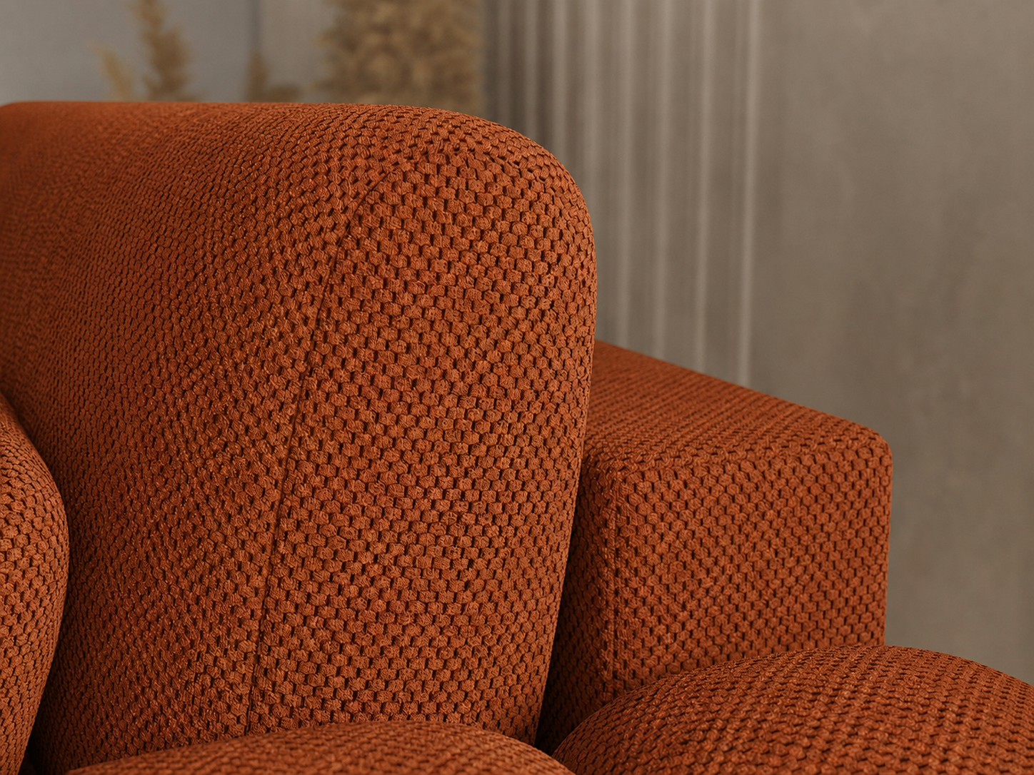Canapé d'angle Saint-Germain – grande méridienne, tissu texturé 3D terracotta