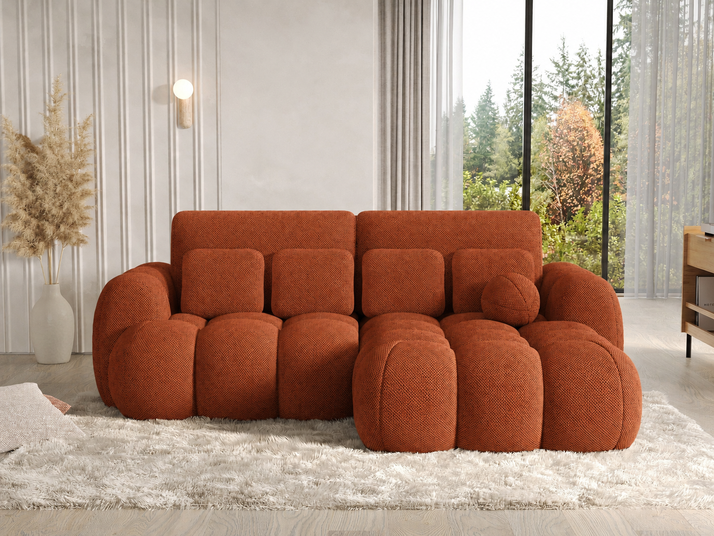 Canapé d'angle convertible Saint-Germain 4 places – vue d'angle, tissu texturé 3D terracotta