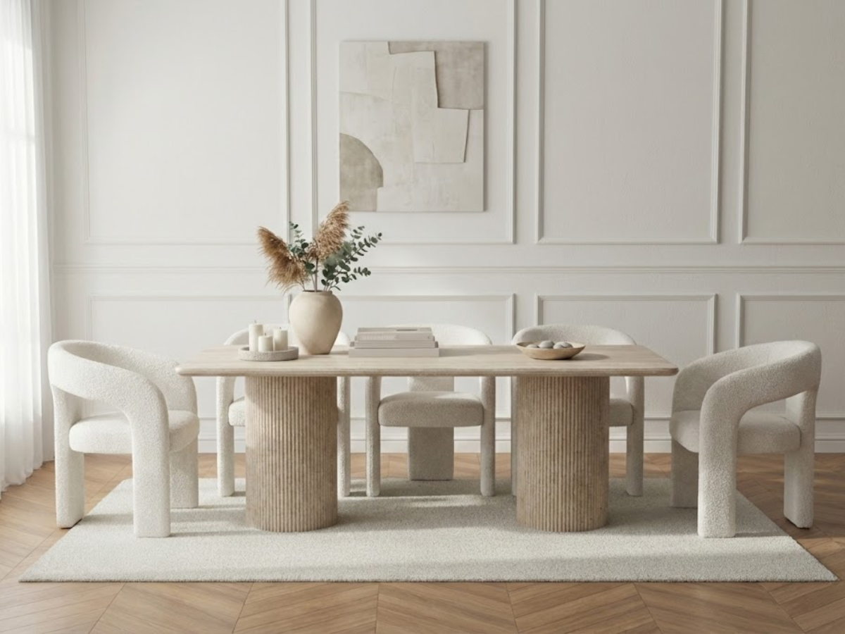 Table à manger design en pierre naturelle type travertin EVA – 180 cm – Pieds cylindriques striés