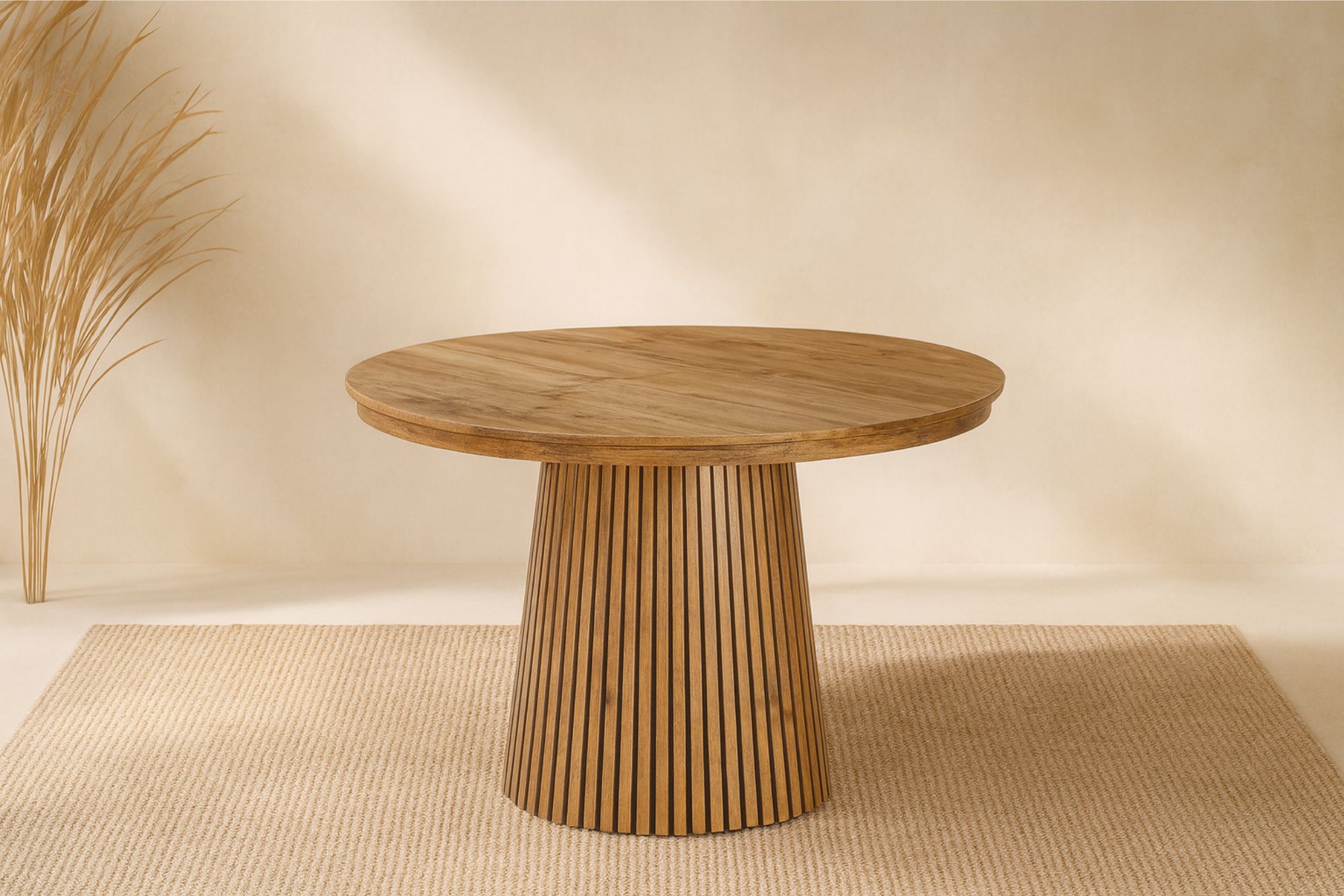 Table à manger extensible NELA – Design bois, forme ronde ou ovale, avec 2 rallonges intégrées