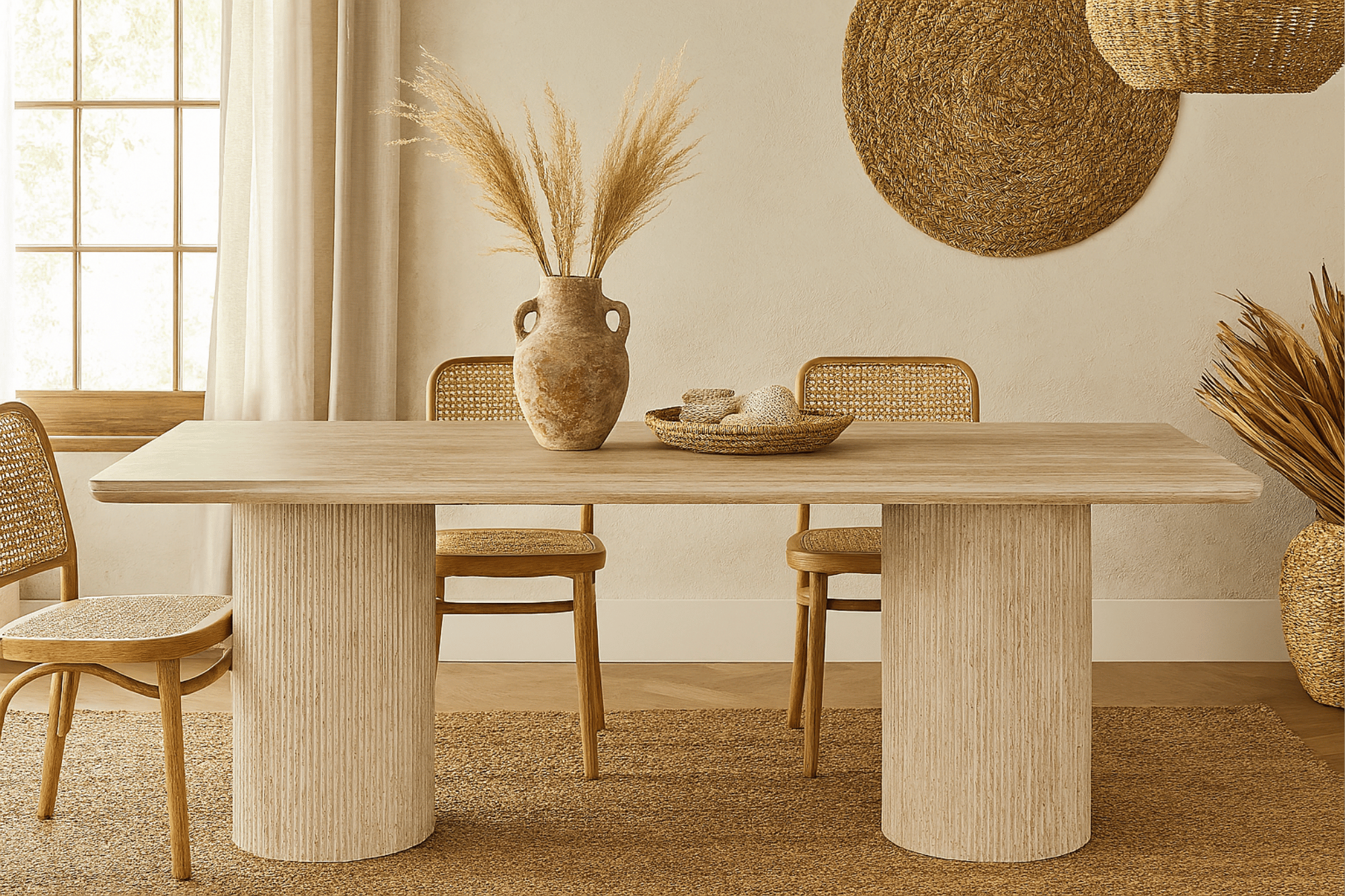 Table à manger design en pierre naturelle type travertin EVA – 180 cm – Pieds cylindriques striés