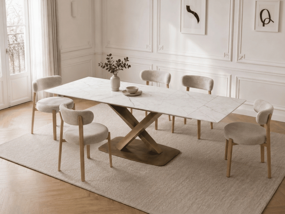 Table à manger extensible AUREA – Céramique effet marbre noir & pied croisé doré – 180/260 x 90 cm
