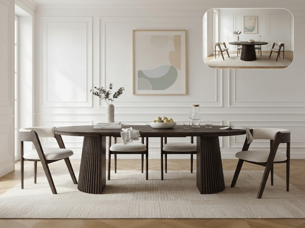 Table ronde extensible NELLA en bois – Ø 120 cm fermée / 200 cm ouverte – 2 rallonges intégrées