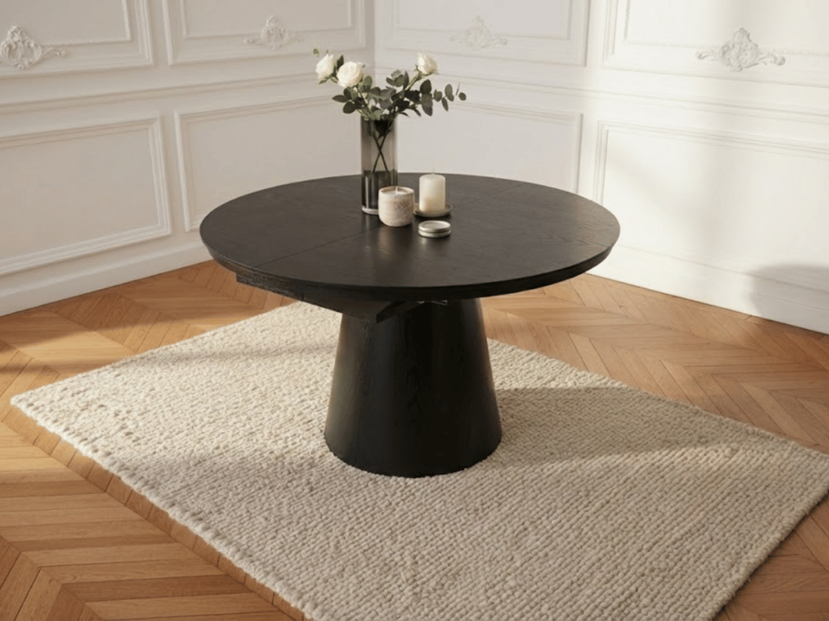 Table ronde extensible TARGA en bois – Ø 115 cm fermée / 185 cm ouverte – 2 rallonges intégrées