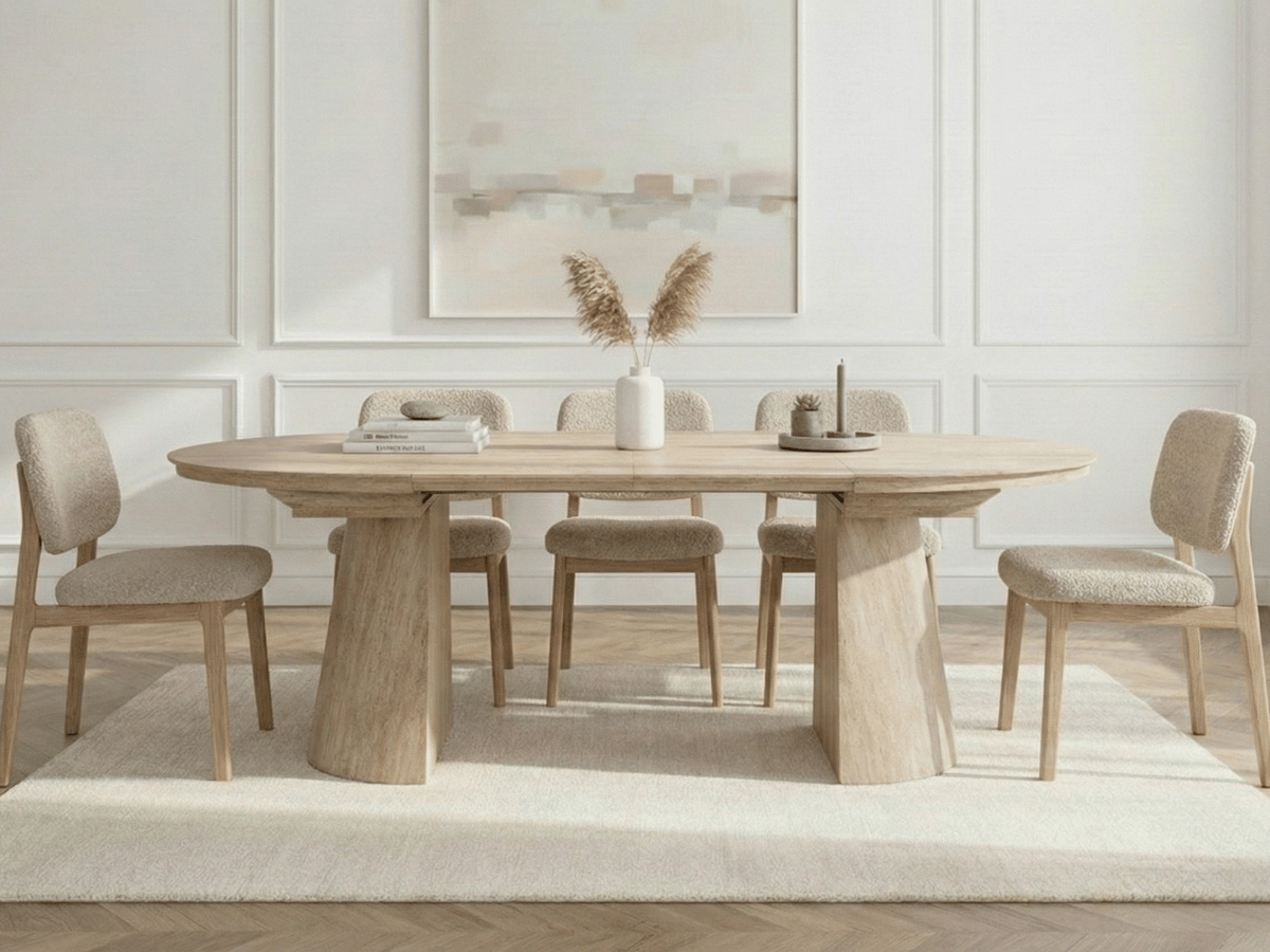 Table ronde extensible TARGA en bois – Ø 115 cm fermée / 185 cm ouverte – 2 rallonges intégrées