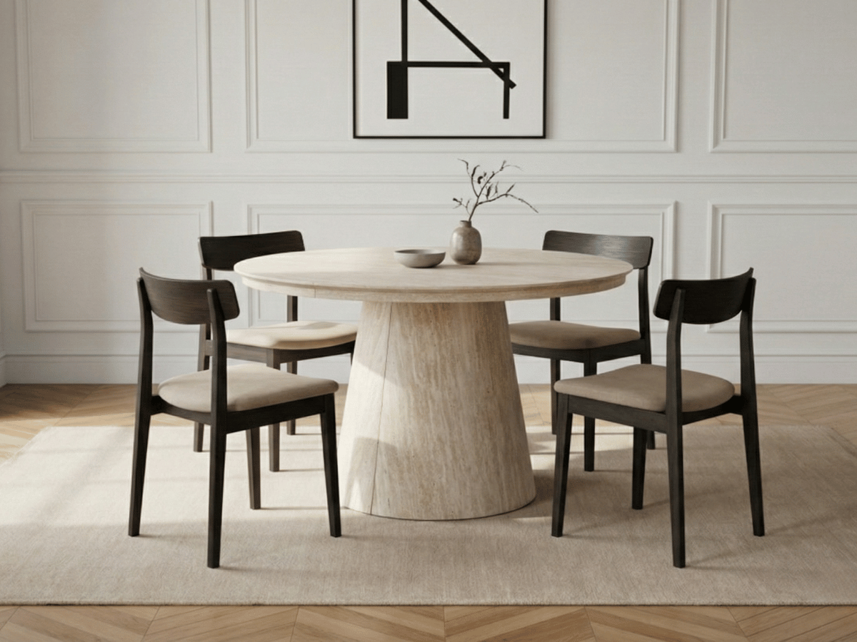 Table ronde extensible TARGA en bois – Ø 115 cm fermée / 185 cm ouverte – 2 rallonges intégrées