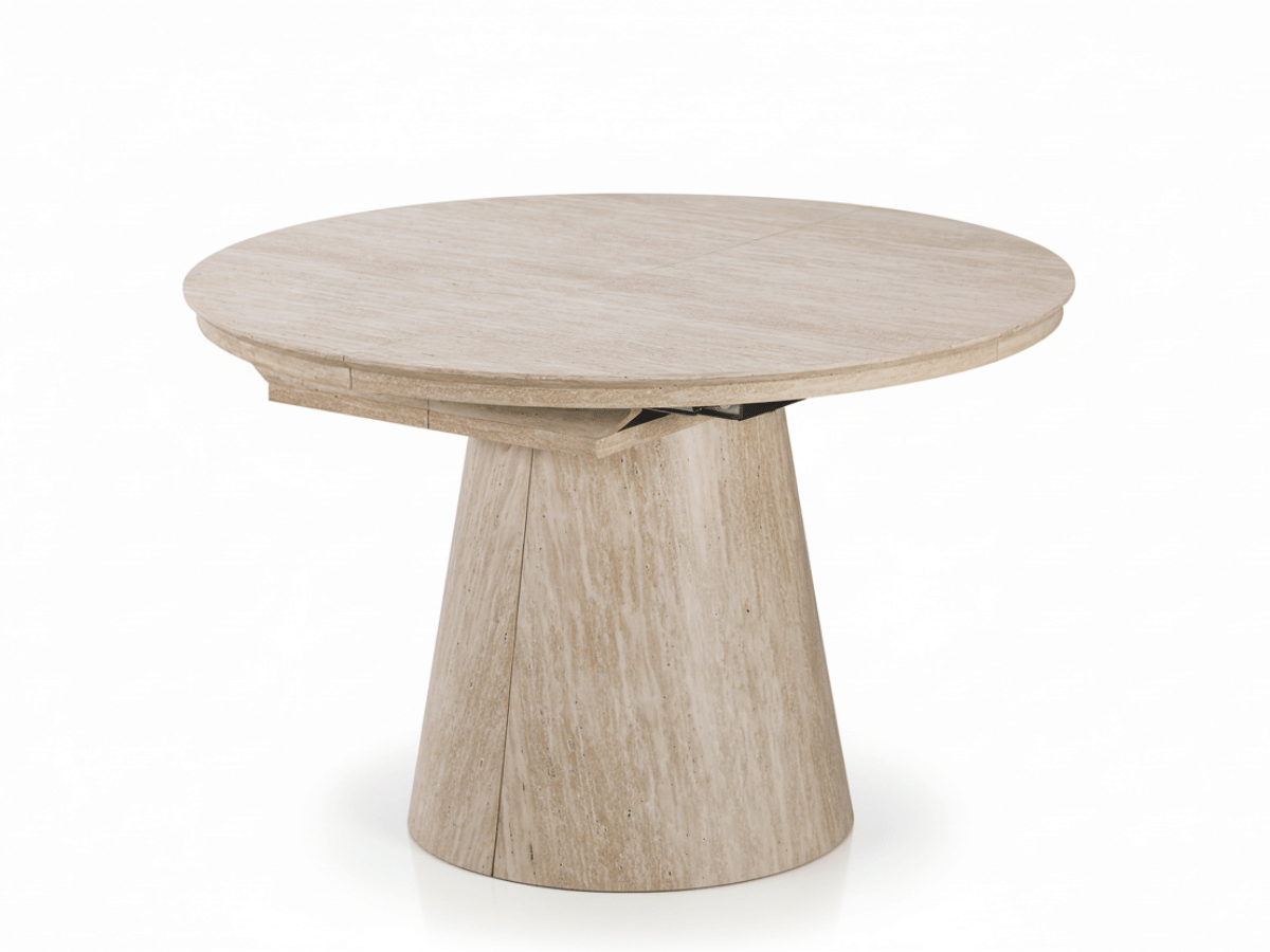 Table ronde extensible TARGA en bois – Ø 115 cm fermée / 185 cm ouverte – 2 rallonges intégrées