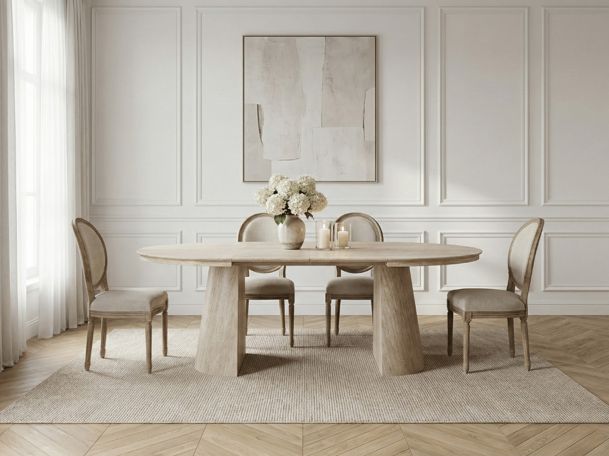 Table ronde extensible TARGA en bois – Ø 115 cm fermée / 185 cm ouverte – 2 rallonges intégrées