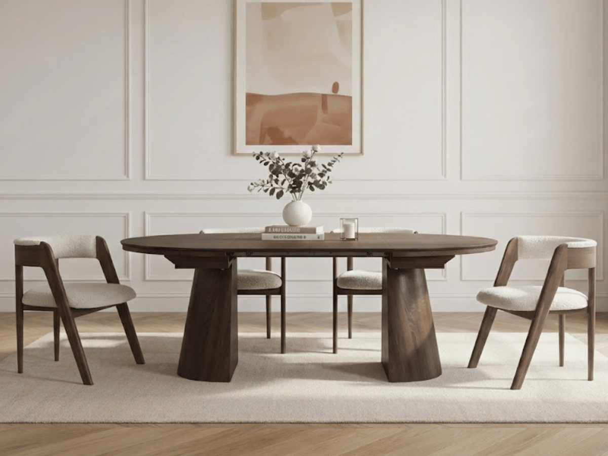 Table ronde extensible TARGA en bois – Ø 115 cm fermée / 185 cm ouverte – 2 rallonges intégrées