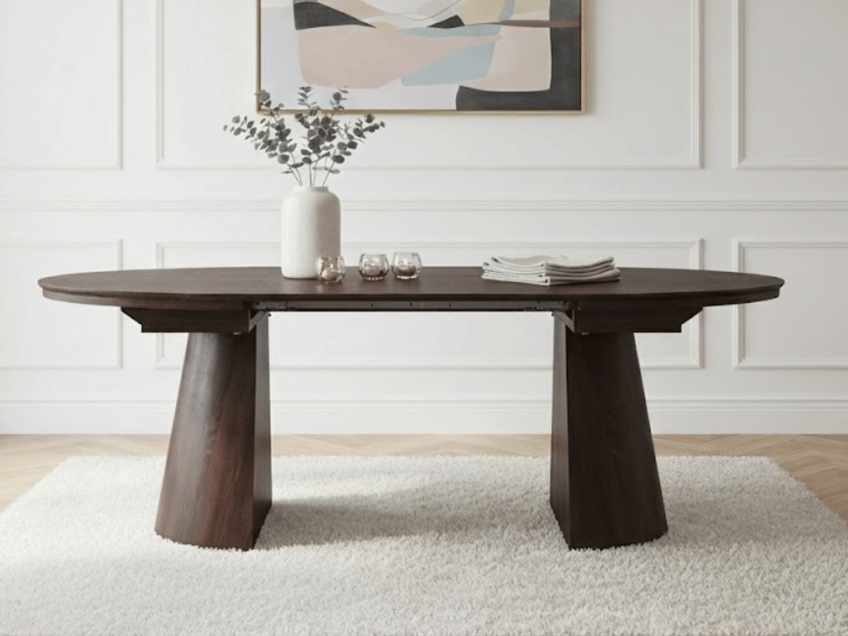 Table ronde extensible TARGA en bois – Ø 115 cm fermée / 185 cm ouverte – 2 rallonges intégrées