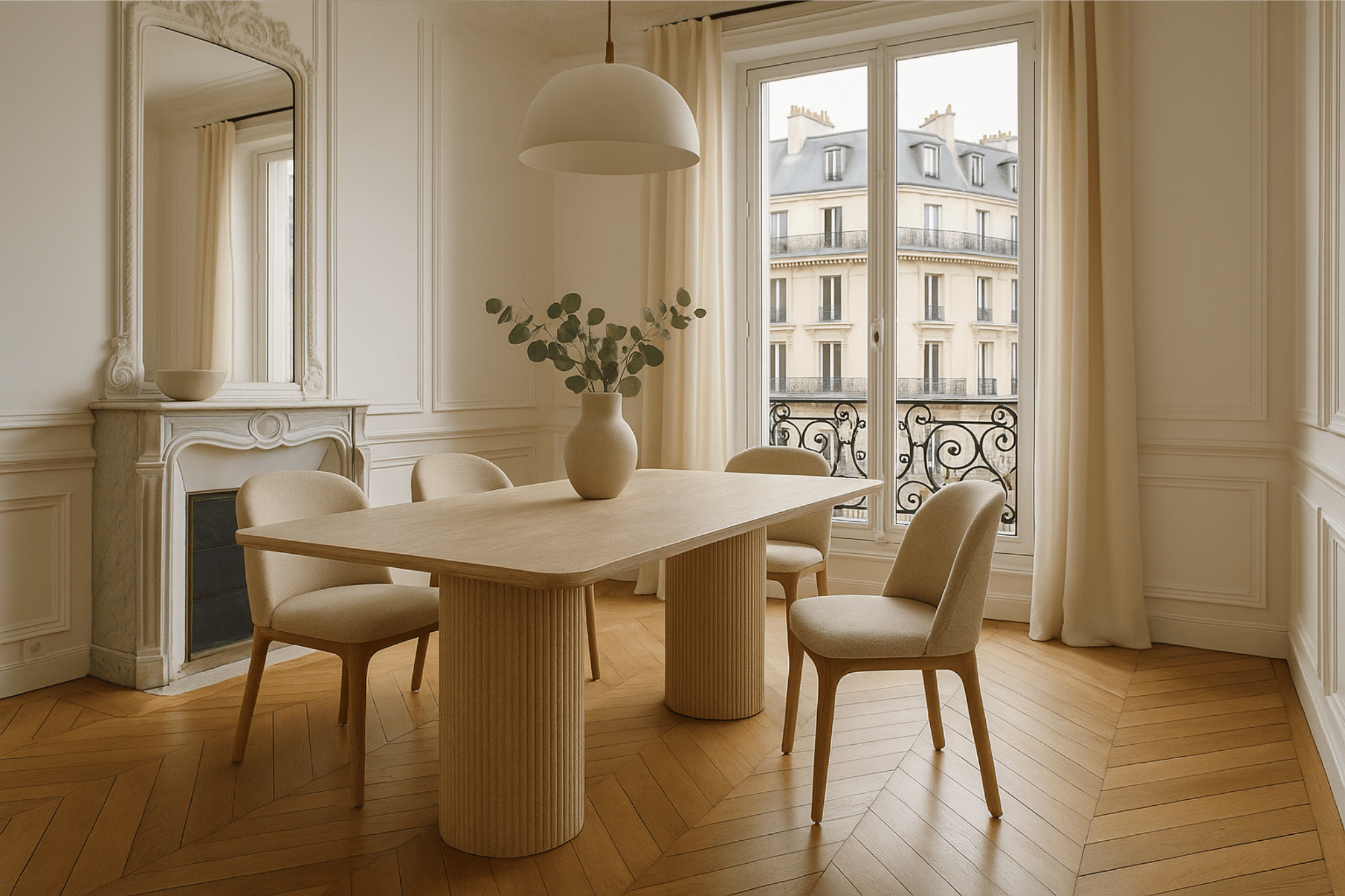 Table à manger design en pierre naturelle type travertin EVA – 180 cm – Pieds cylindriques striés