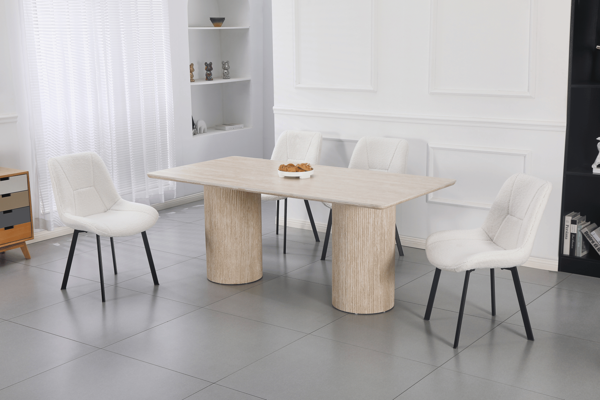 Table à manger design en pierre naturelle type travertin EVA – 180 cm – Pieds cylindriques striés