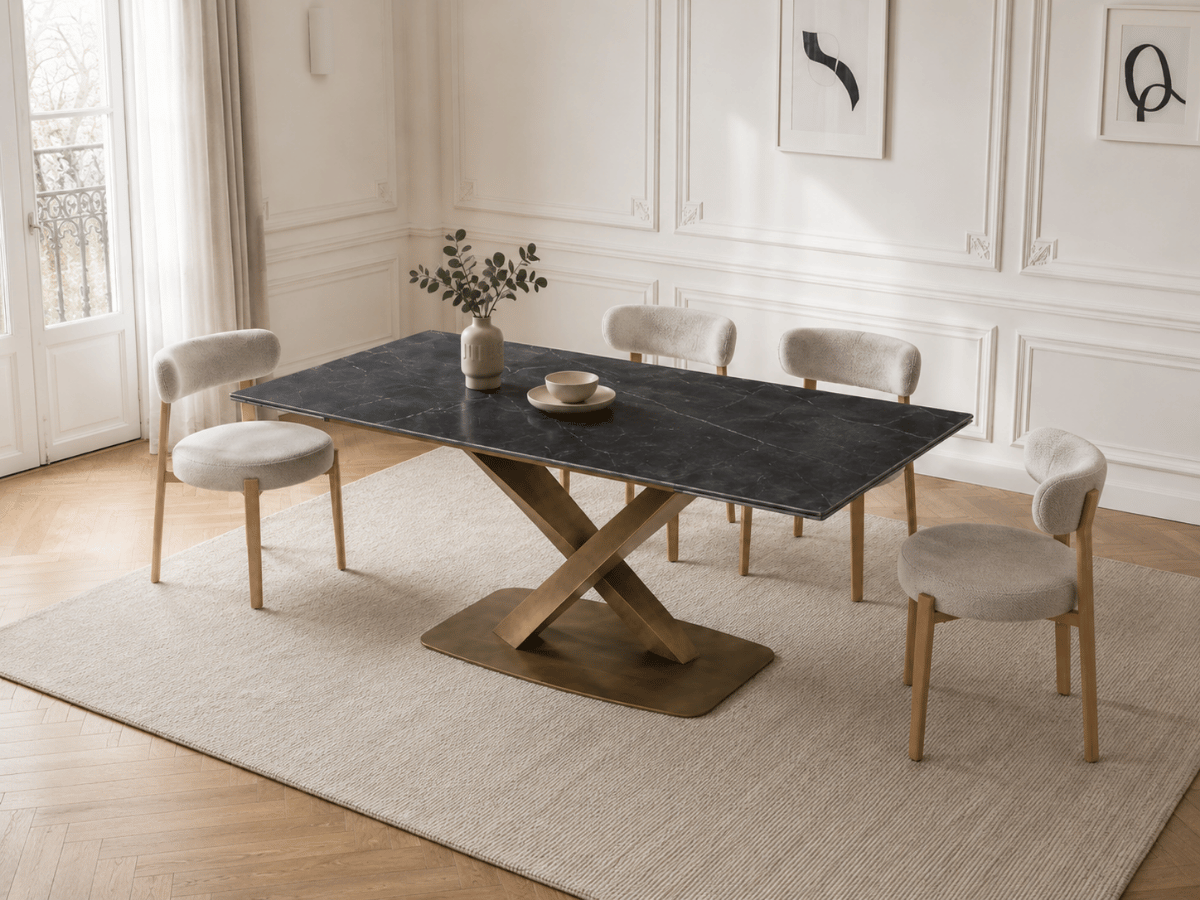 Table à manger extensible AUREA – Céramique effet marbre noir & pied croisé doré – 180/260 x 90 cm