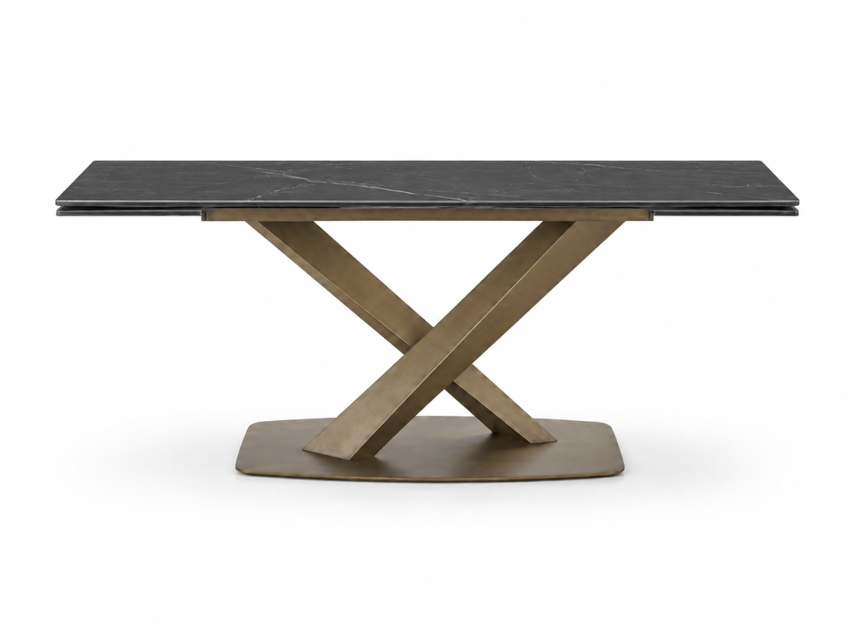 Table à manger extensible AUREA – Céramique effet marbre noir & pied croisé doré – 180/260 x 90 cm