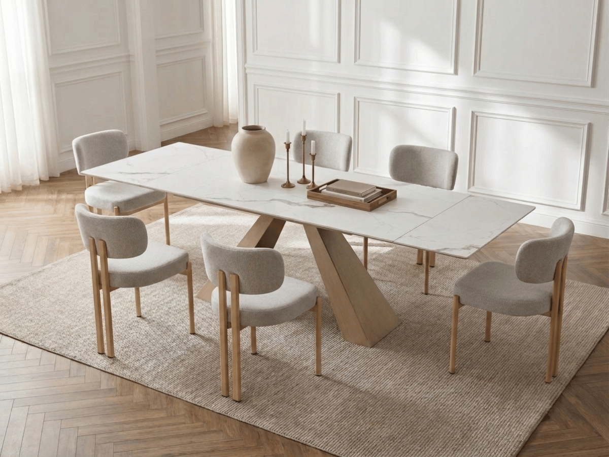 Table à manger extensible Calista – céramique marbre blanc 180 à 260 cm