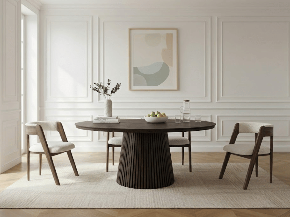 Table ronde extensible NELLA en bois – Ø 120 cm fermée / 200 cm ouverte – 2 rallonges intégrées