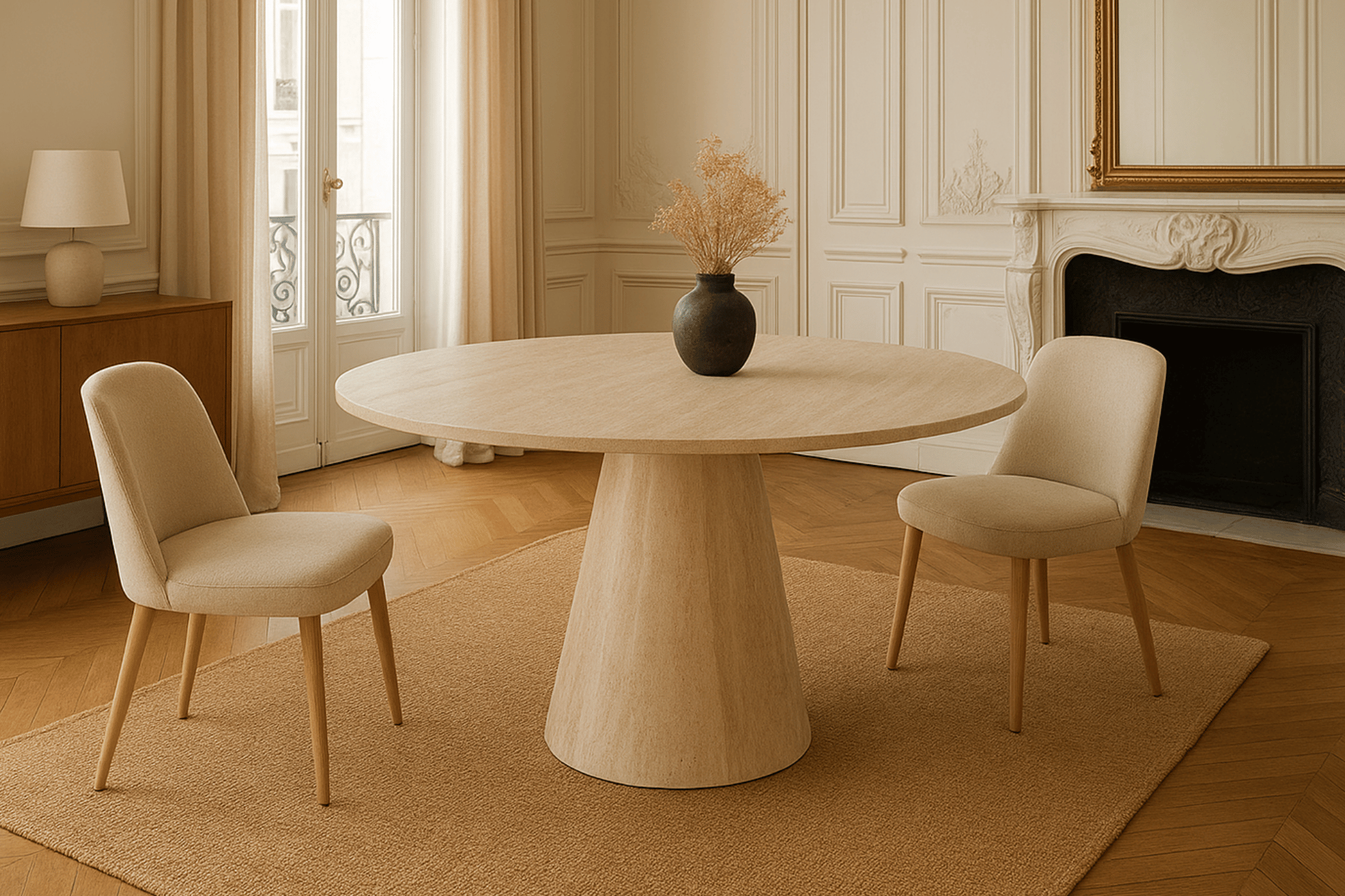 Table à manger ronde NOEMIE effet travertin – Ø120 cm – Design moderne