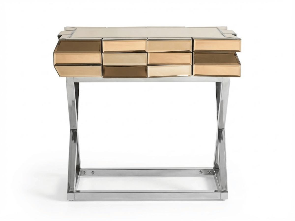 Table de Chevet LUXOR – Verre & Miroirs Dorés, Piètement Chromé