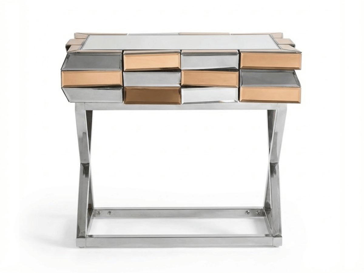 Table de Chevet LUXOR – Verre & Miroirs Dorés, Piètement Chromé