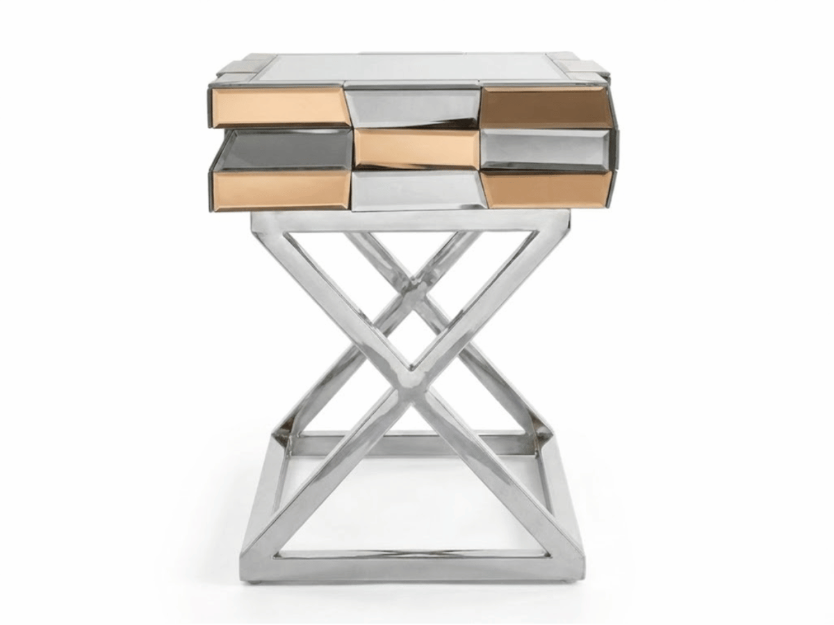 Table de Chevet LUXOR – Verre & Miroirs Dorés, Piètement Chromé