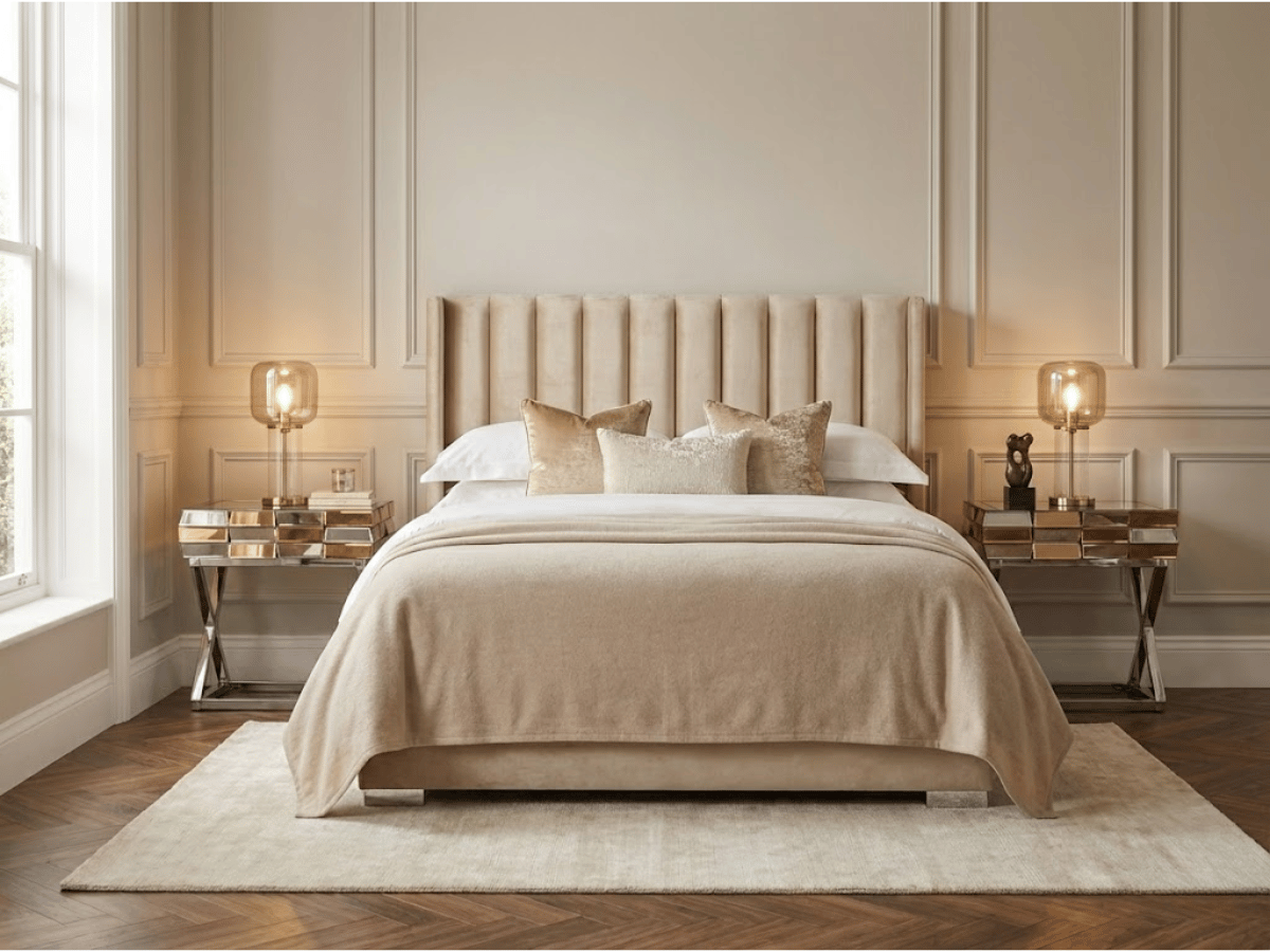 Table de Chevet LUXOR – Verre & Miroirs Dorés, Piètement Chromé