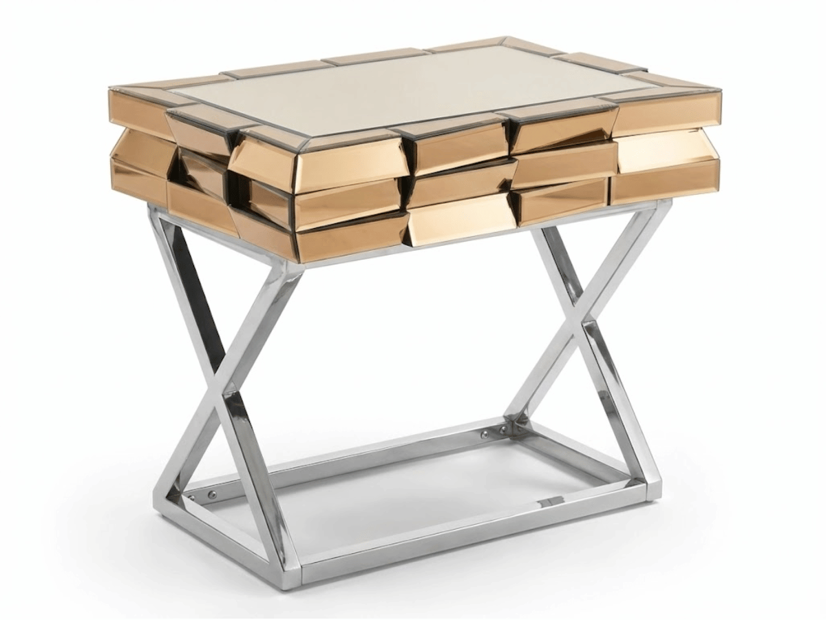 Table de Chevet LUXOR – Verre & Miroirs Dorés, Piètement Chromé