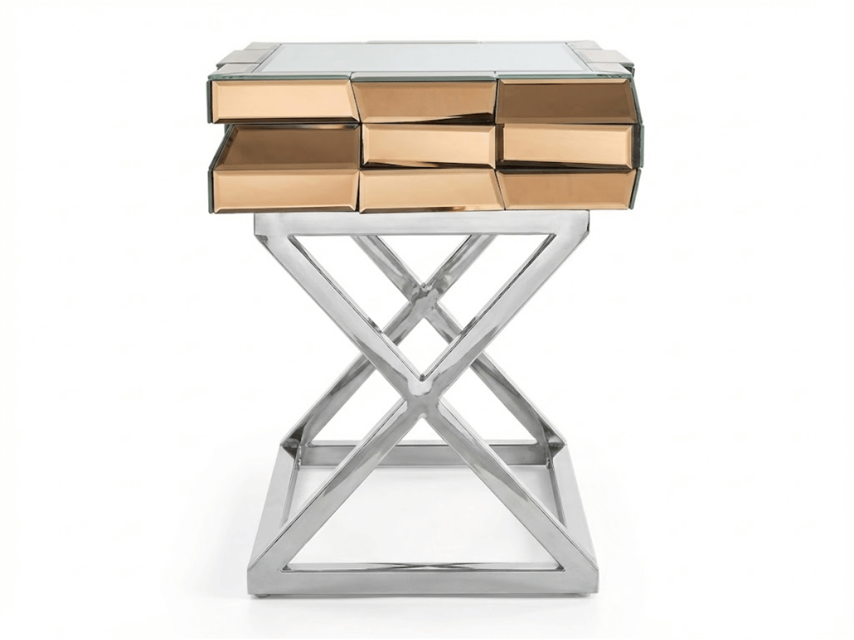 Table de Chevet LUXOR – Verre & Miroirs Dorés, Piètement Chromé
