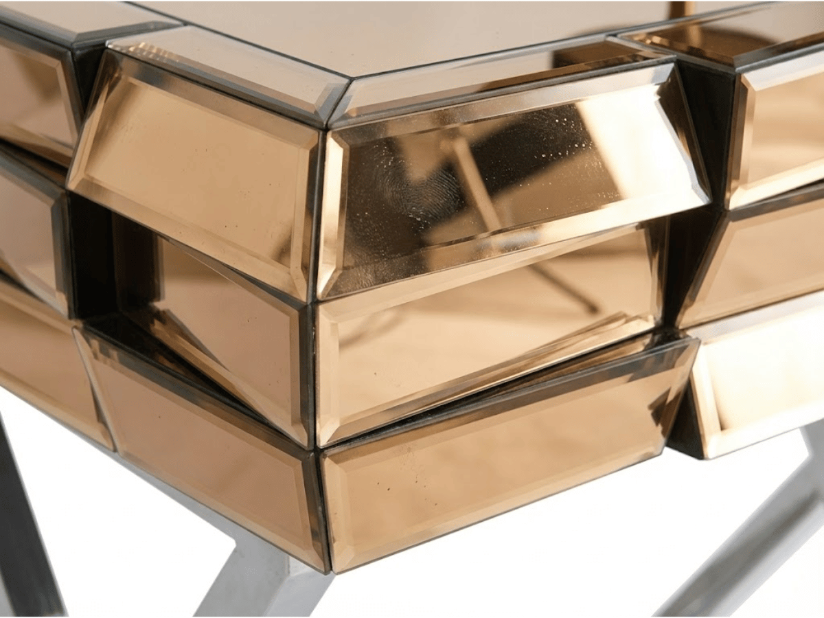 Table de Chevet LUXOR – Verre & Miroirs Dorés, Piètement Chromé