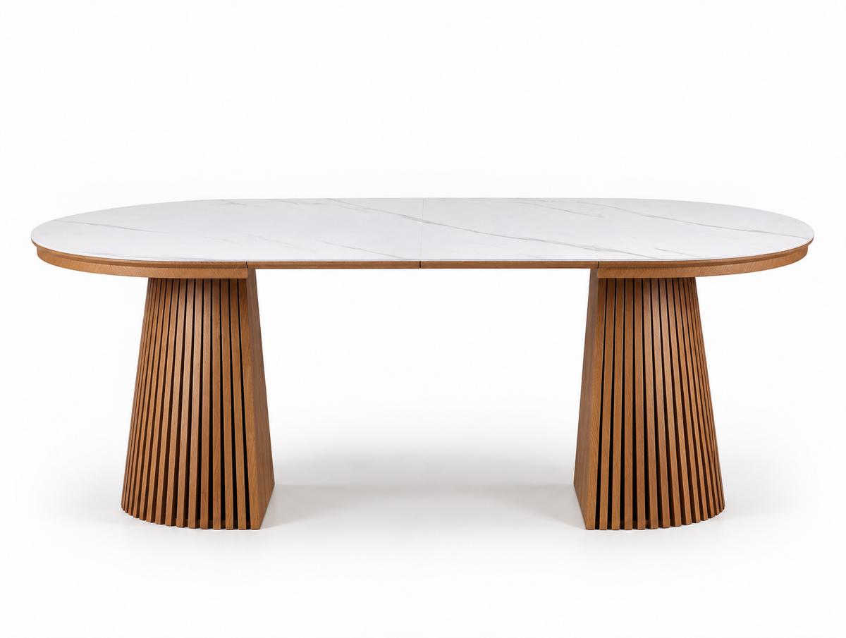 Table extensible NOMA Ø 120 à 200 cm – Plateau céramique effet marbre & piètement en bois rainuré