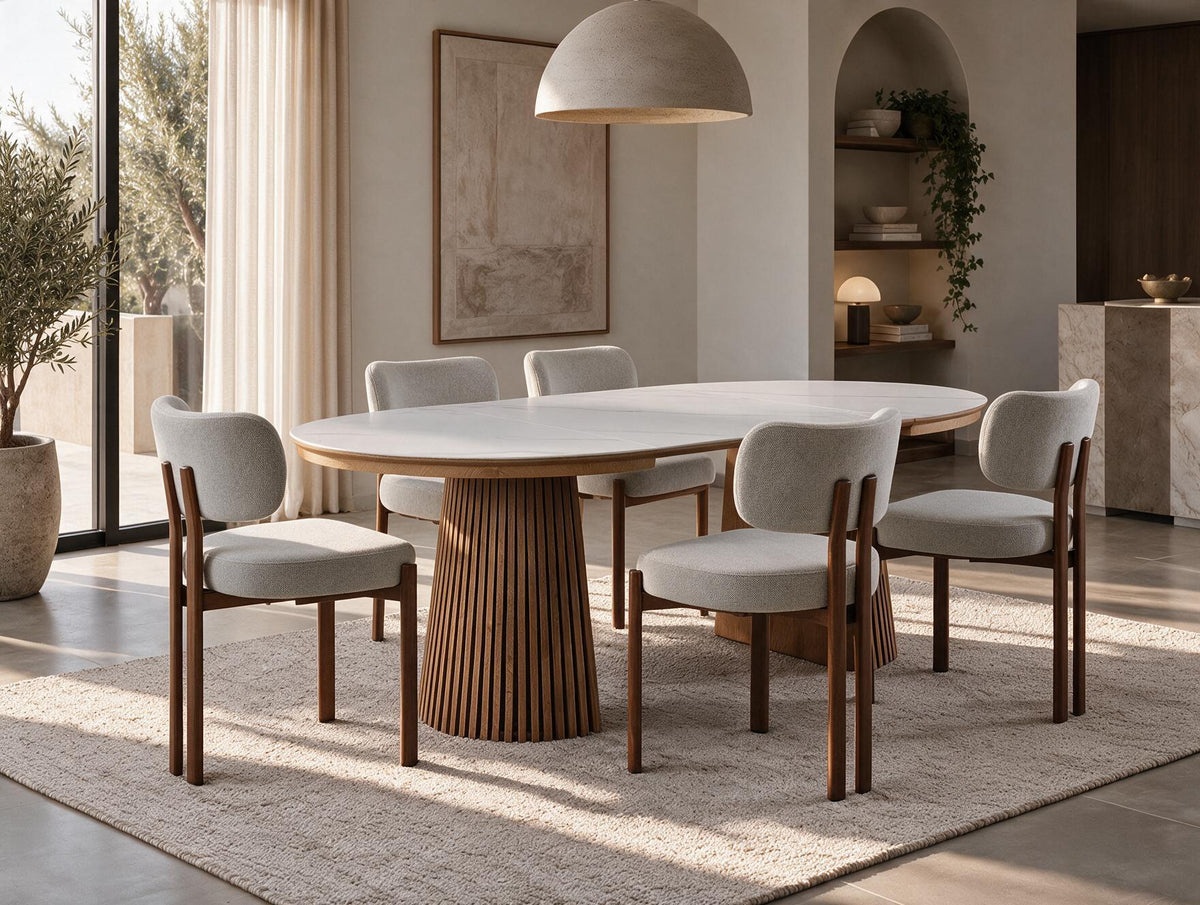 Table extensible NOMA Ø 120 à 200 cm – Plateau céramique effet marbre & piètement en bois rainuré