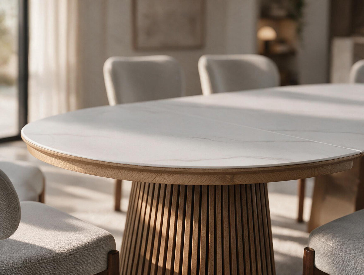 Table extensible NOMA Ø 120 à 200 cm – Plateau céramique effet marbre & piètement en bois rainuré