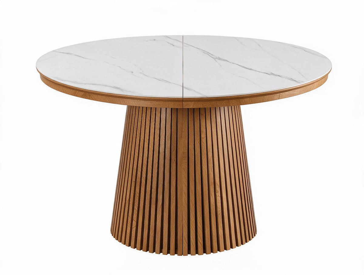 Table extensible NOMA Ø 120 à 200 cm – Plateau céramique effet marbre & piètement en bois rainuré