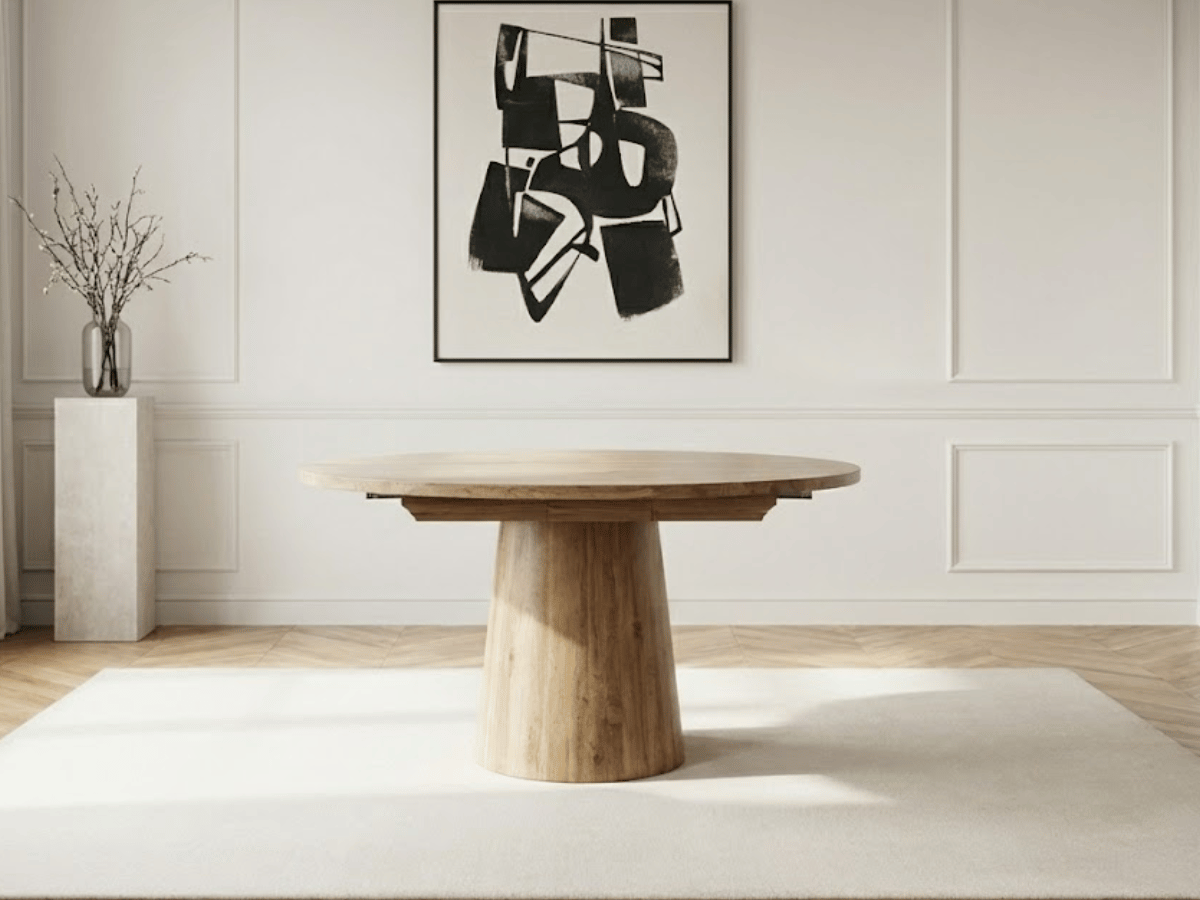 Table ronde extensible TARGA en bois – Ø 115 cm fermée / 185 cm ouverte – 2 rallonges intégrées