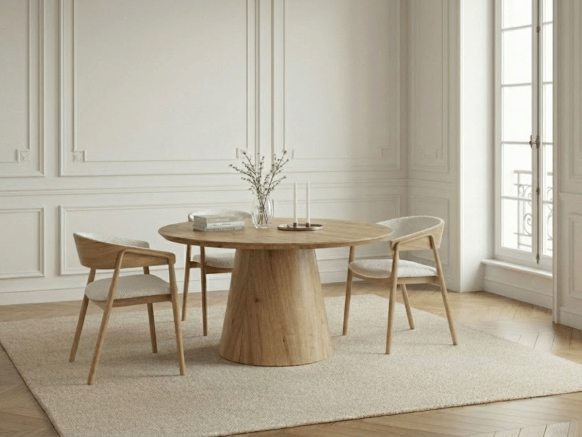 Table ronde extensible TARGA en bois – Ø 115 cm fermée / 185 cm ouverte – 2 rallonges intégrées