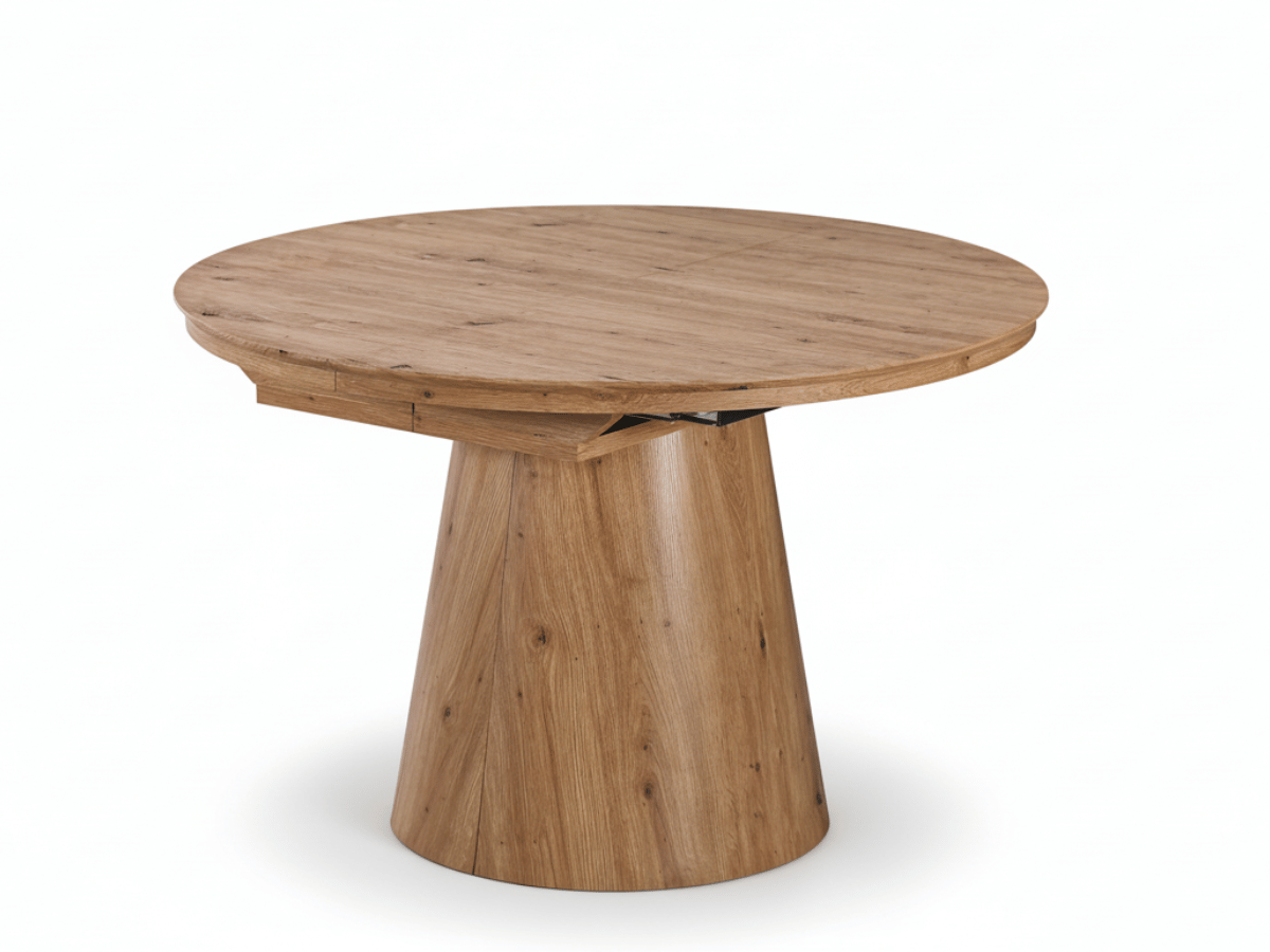 Table ronde extensible TARGA en bois – Ø 115 cm fermée / 185 cm ouverte – 2 rallonges intégrées