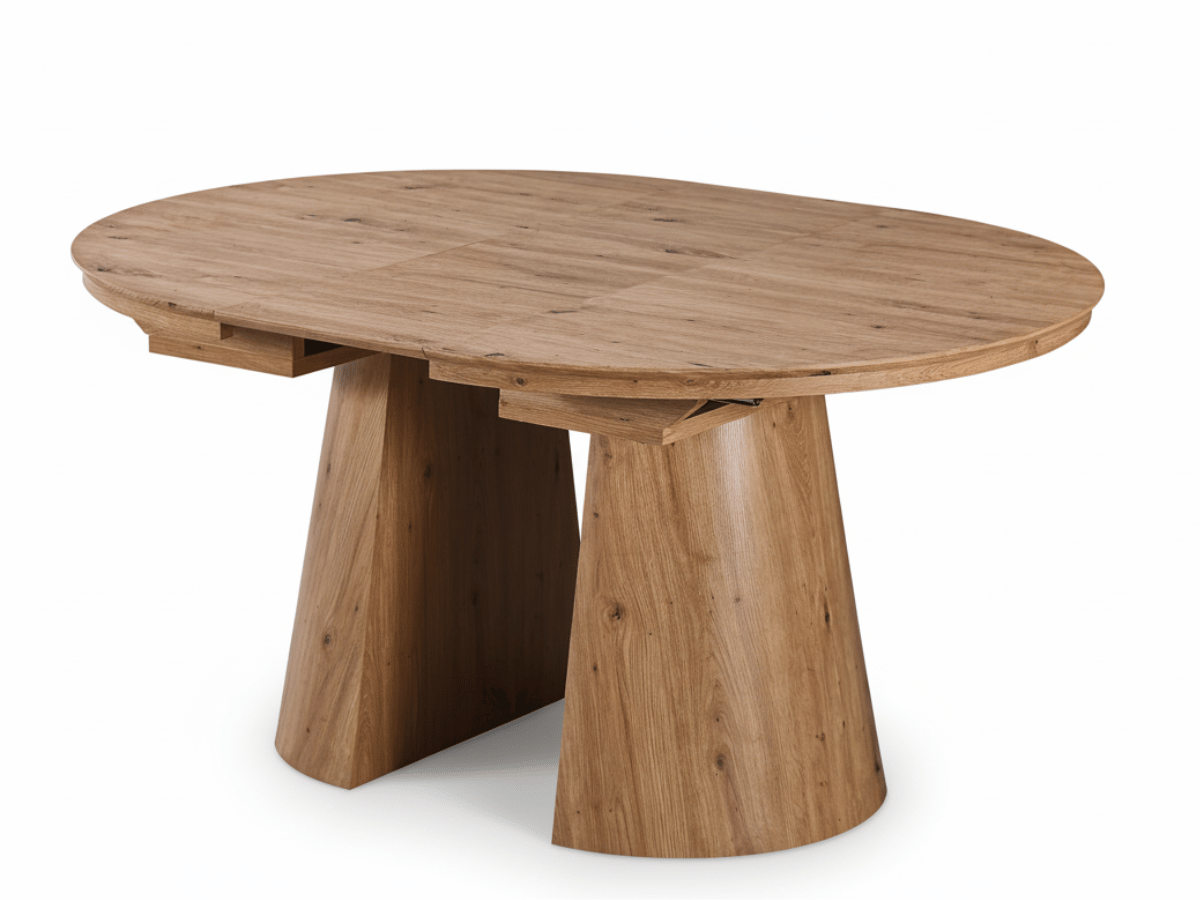 Table ronde extensible TARGA en bois – Ø 115 cm fermée / 185 cm ouverte – 2 rallonges intégrées
