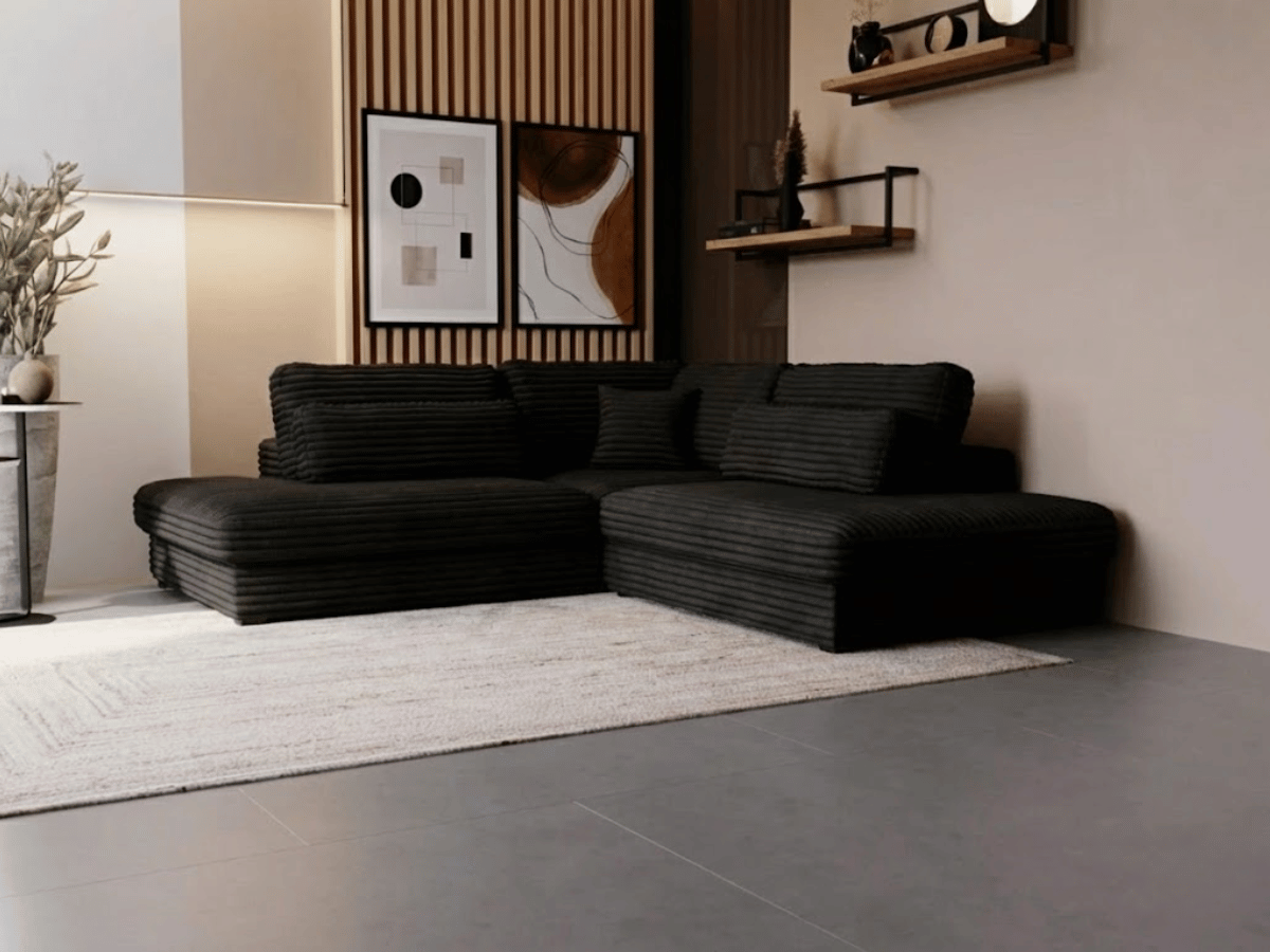 Canapé d'angle velours côtelé grand épaisseur noir VENDOME