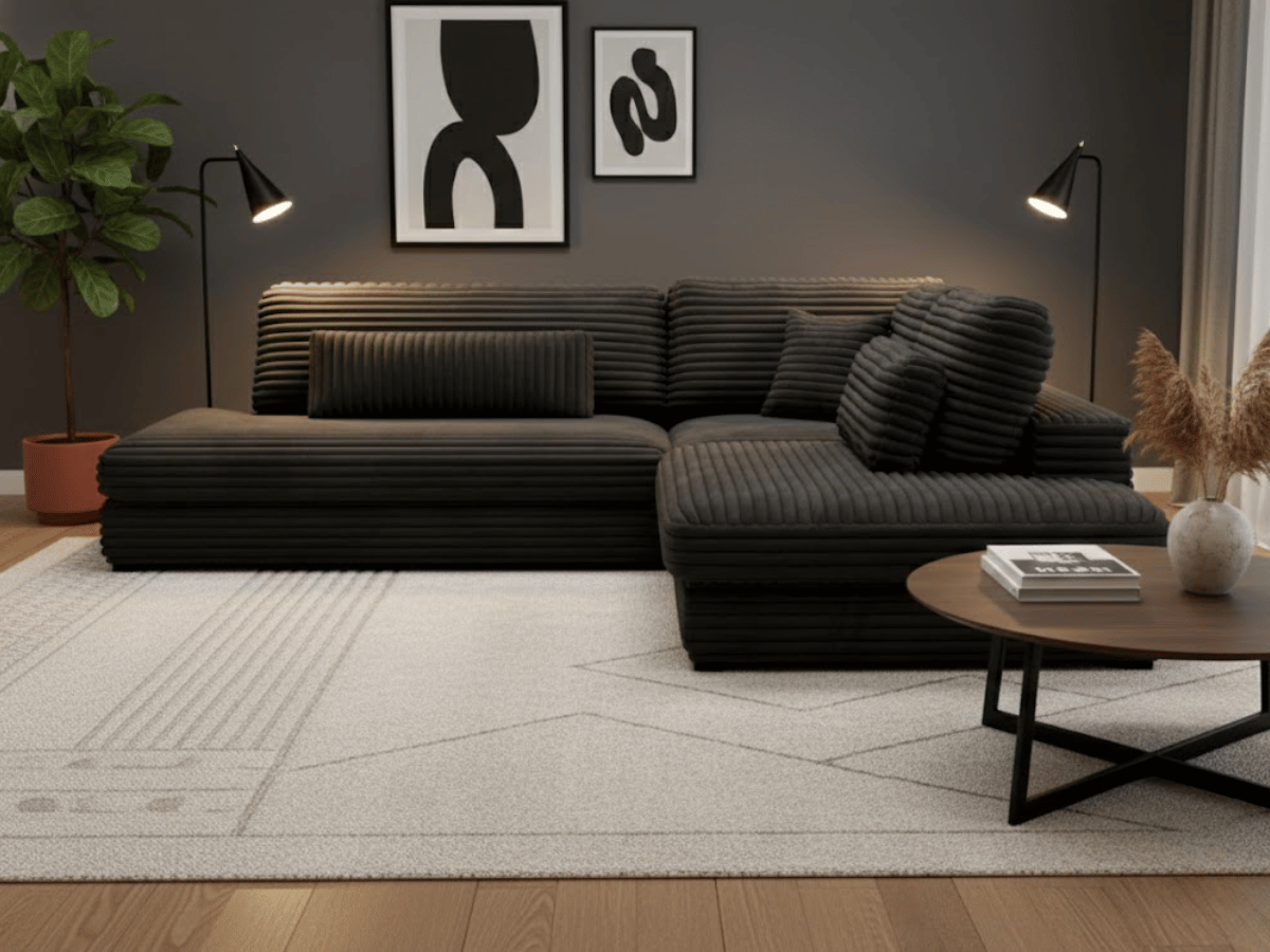 Canapé d'angle velours côtelé grand épaisseur noir VENDOME